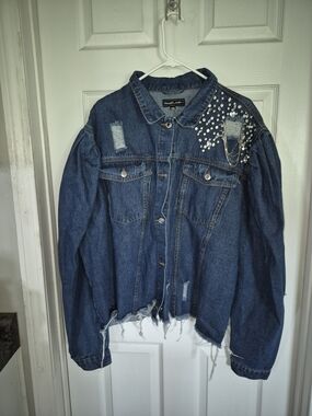 Embellished Dark Blue Denim Jacket with Crystal Accents